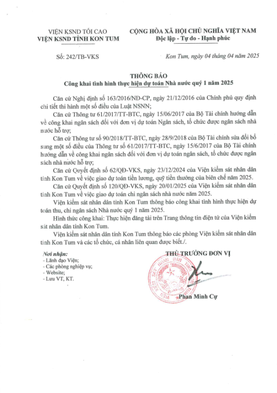 242- Thông báo thực hiện dự toán Quý I/2025 (Văn phòng)